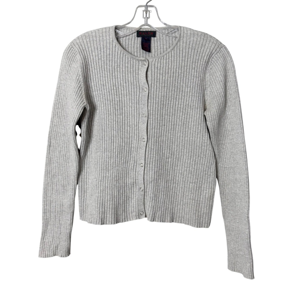 Ralph Lauren Cardigan Women Medium Gray Ribbed Cotton Snap Front Sweater Vintage